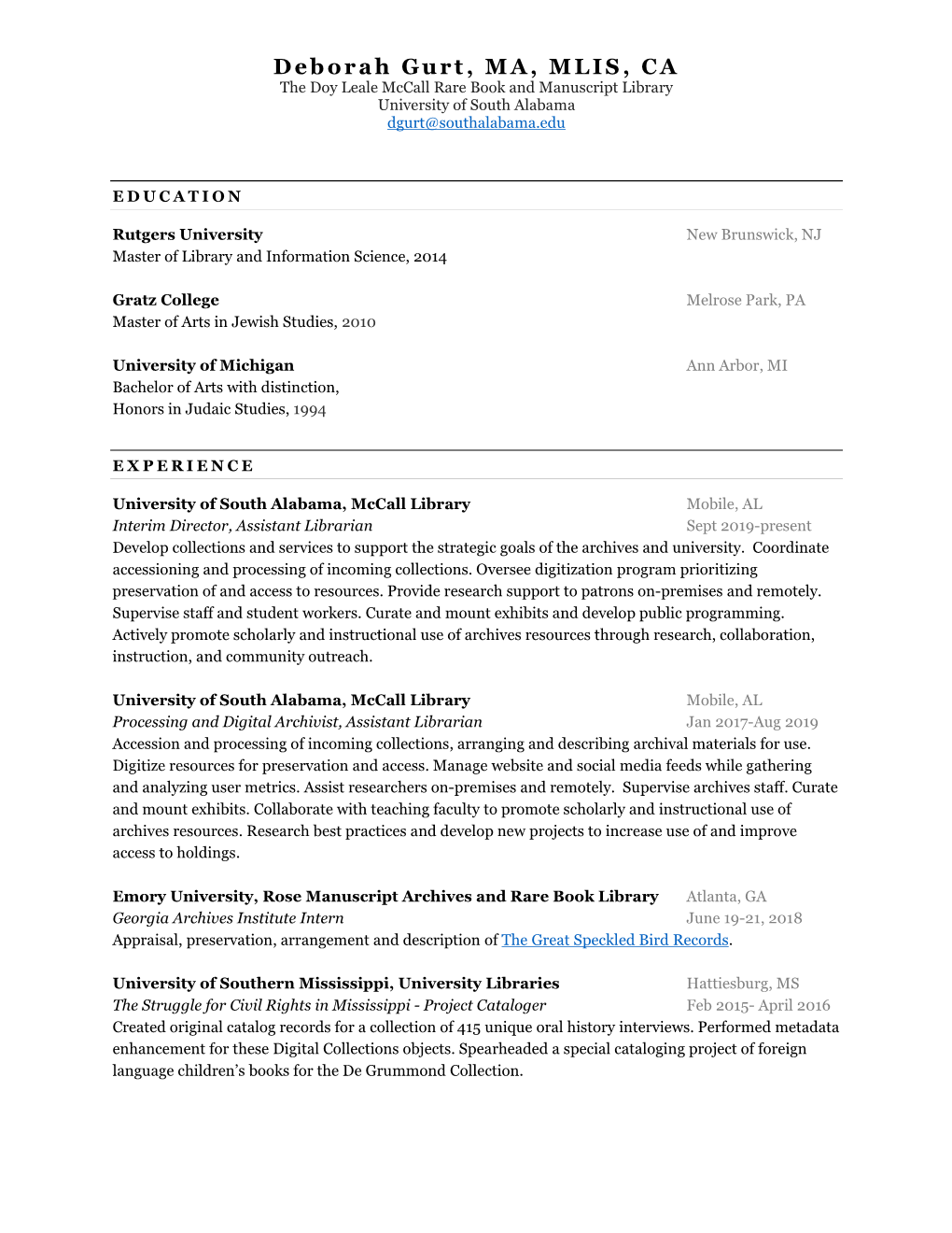 Deborah Gurt, MA, MLIS, CA the Doy Leale Mccall Rare Book and Manuscript Library University of South Alabama Dgurt@Southalabama.Edu