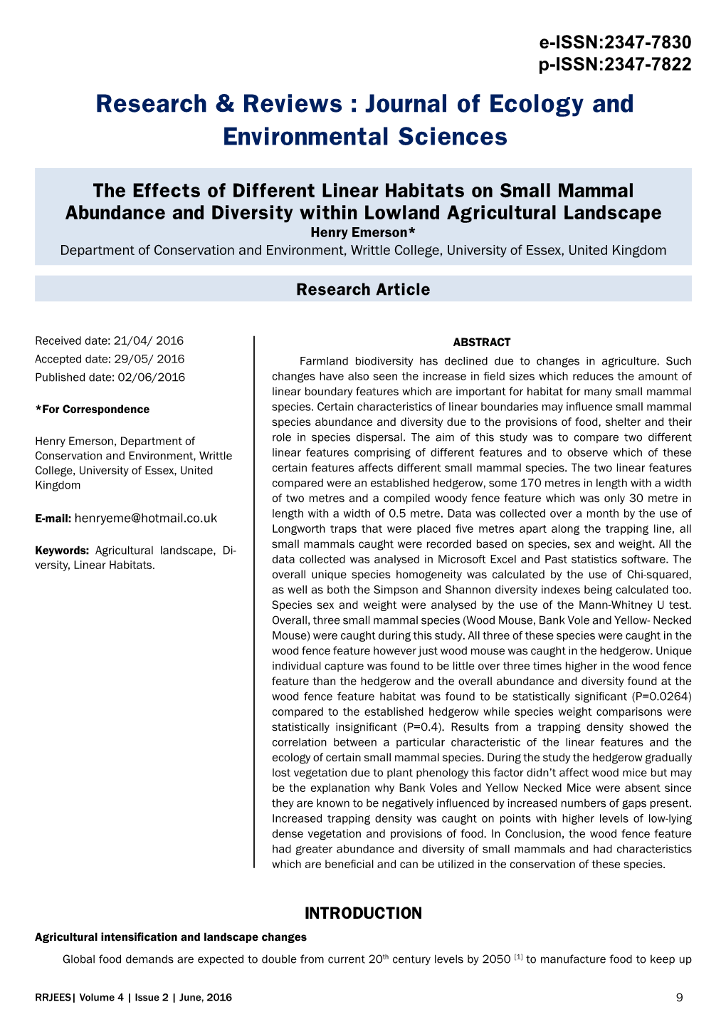 The Effects of Different Linear Habitats on Small Mammal Abundance And