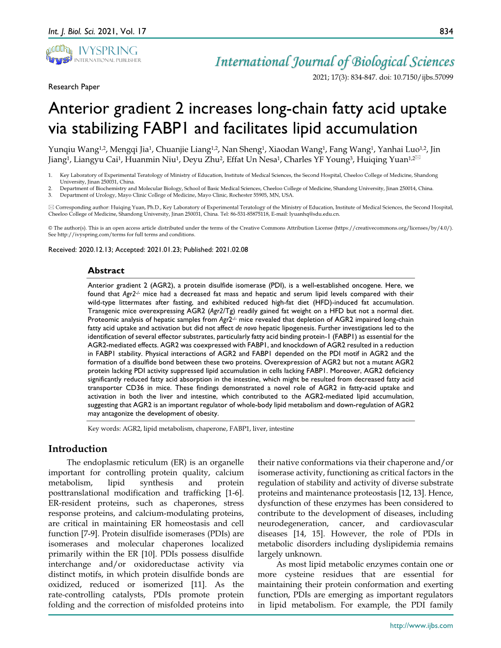 Anterior Gradient 2 Increases Long-Chain Fatty Acid Uptake Via