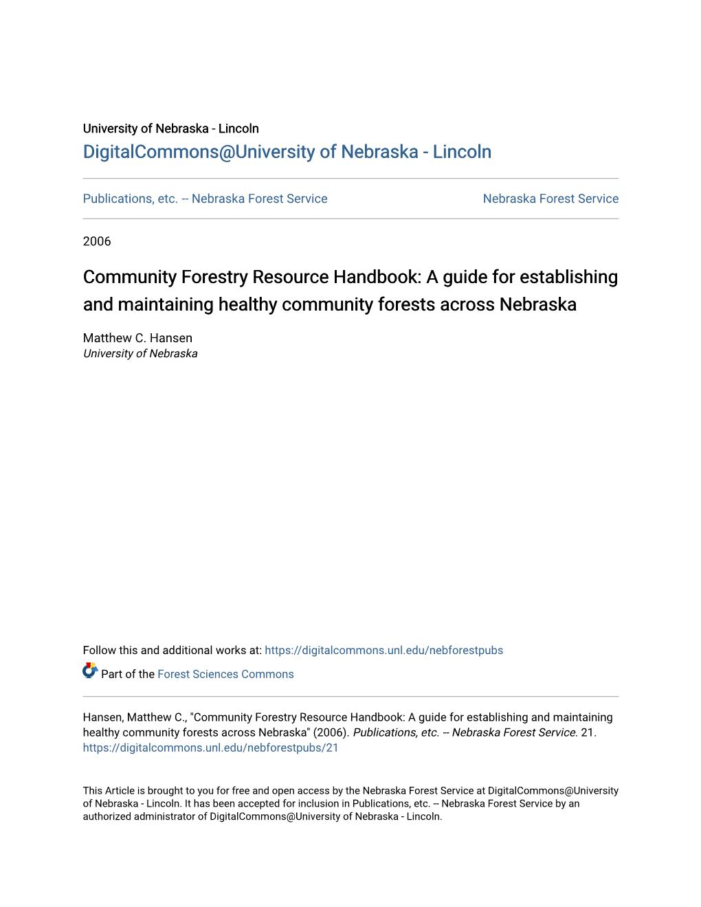 Community Forestry Resource Handbook: a Guide for Establishing and Maintaining Healthy Community Forests Across Nebraska