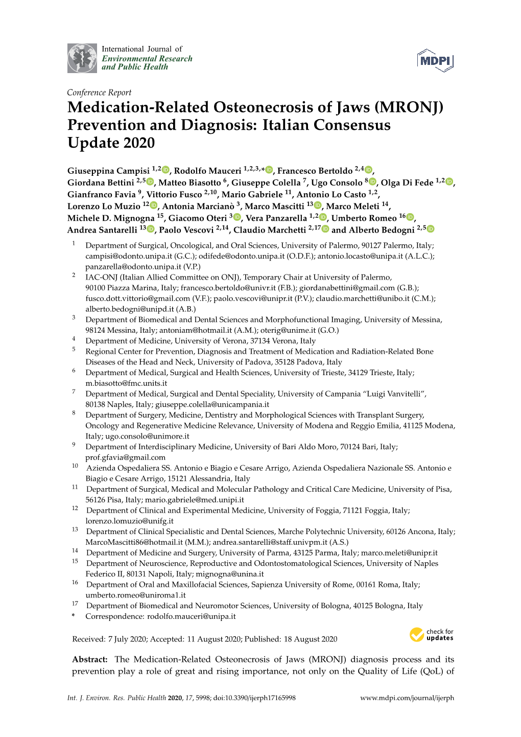 (MRONJ) Prevention and Diagnosis: Italian Consensus Update 2020