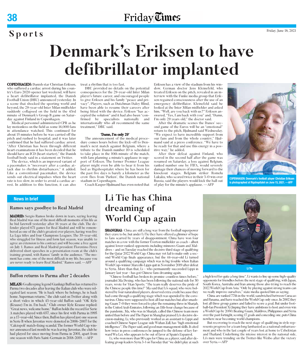 Denmark's Eriksen to Have Defibrillator Implanted