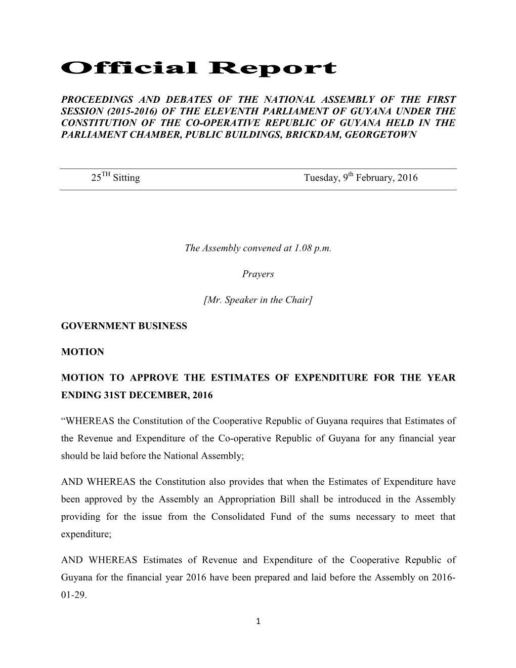 Proceedings and Debates of the National Assembly of the First