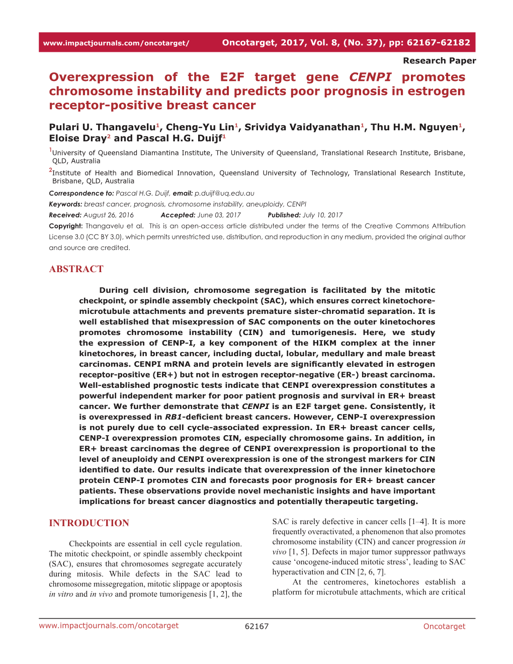 Overexpression of the E2F Target Gene CENPI Promotes Chromosome Instability and Predicts Poor Prognosis in Estrogen Receptor-Positive Breast Cancer