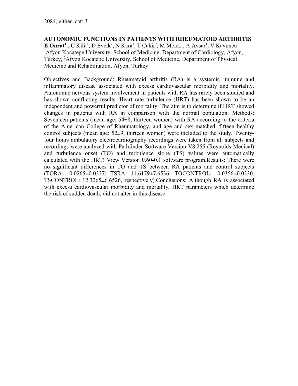 Autonomic Functions in Patients with Rheumatoid Arthritis