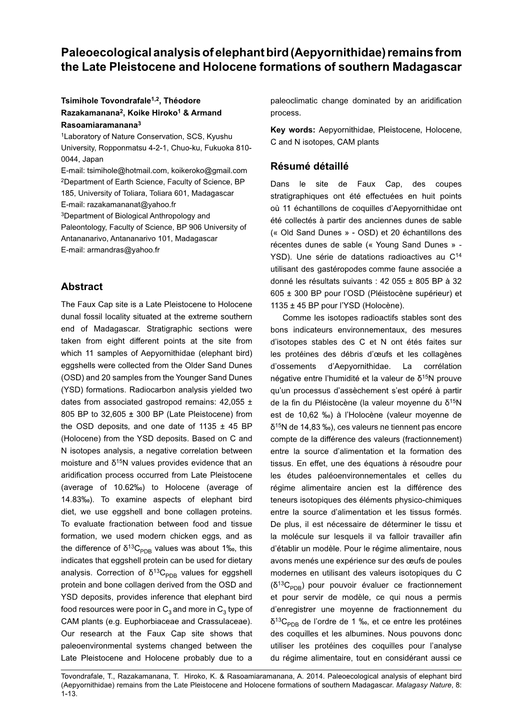 Paleoecological Analysis of Elephant Bird (Aepyornithidae) Remains from the Late Pleistocene and Holocene Formations of Southern Madagascar