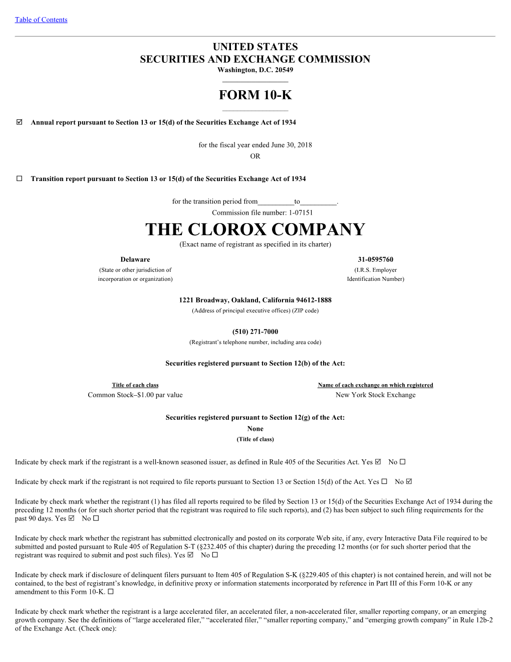 THE CLOROX COMPANY (Exact Name of Registrant As Specified in Its Charter)