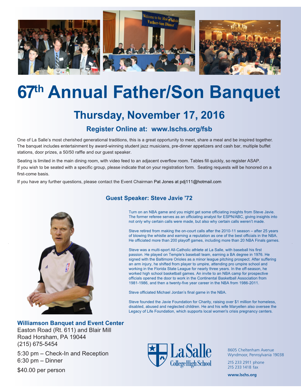 67Th Annual Father/Son Banquet Thursday, November 17, 2016 Register Online At