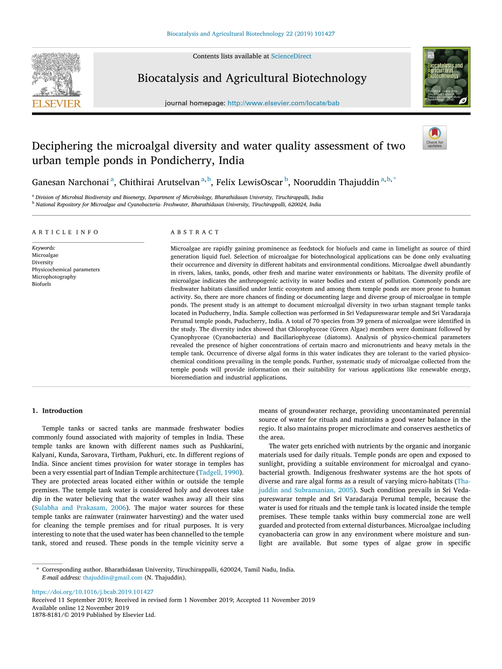 Deciphering the Microalgal Diversity and Water Quality Assessment of Two Urban Temple Ponds in Pondicherry, India