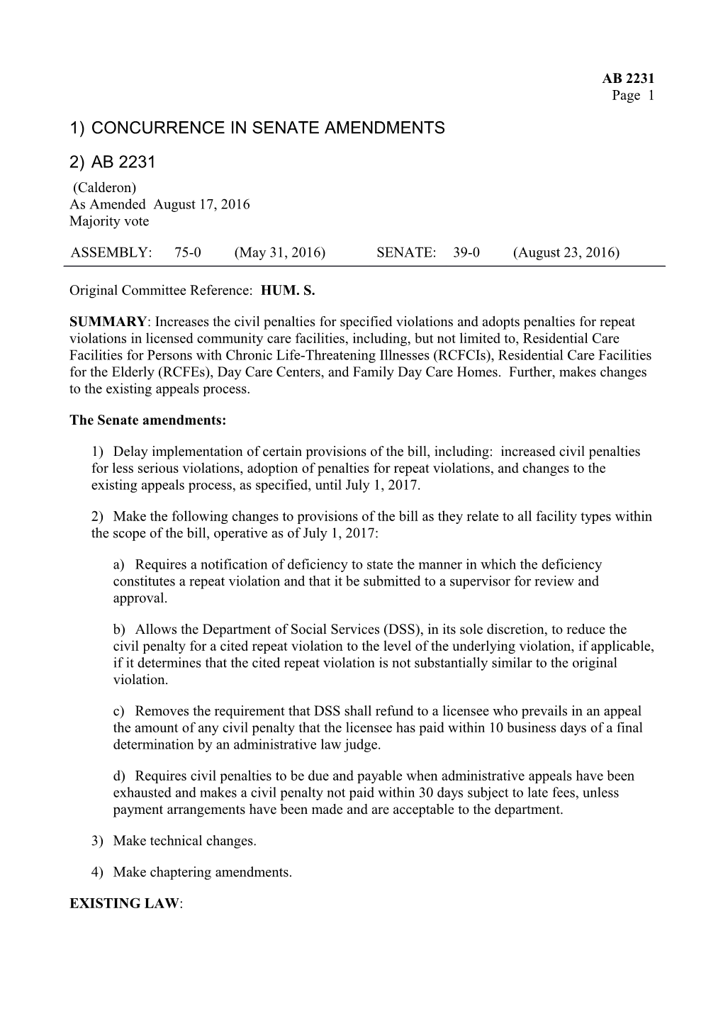 Concurrence in Senate Amendments Analysis 1