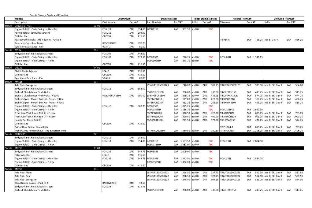 Models Description Part Number Exc VAT Part Number Exc VAT Suffix Exc VAT Titanium Exc VAT Suffix Exc VAT Suzuki DR125 SE TRAIL