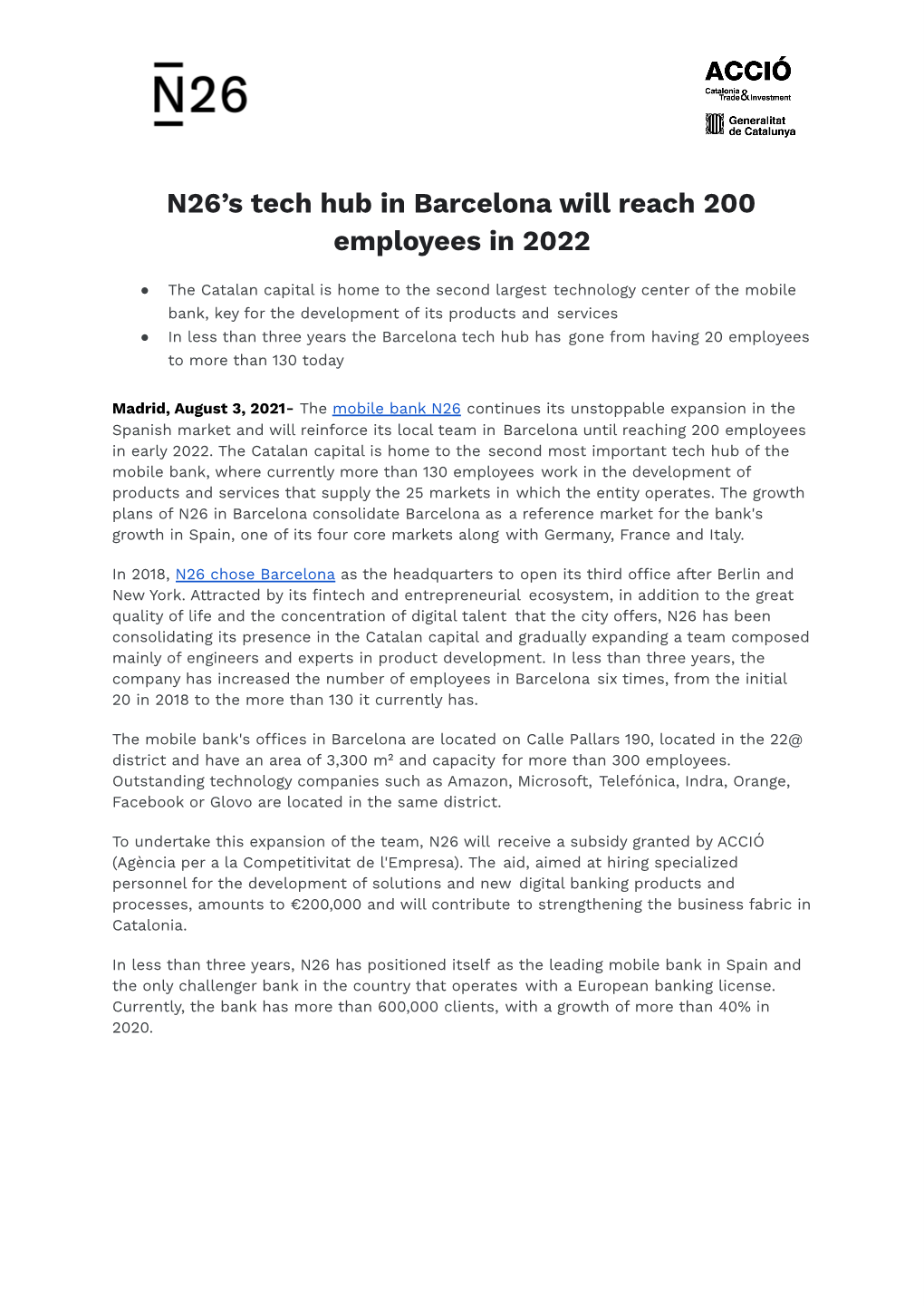 The N26 Tech Hub in Barcelona Will Reach 200 Employees in 2022.Docx