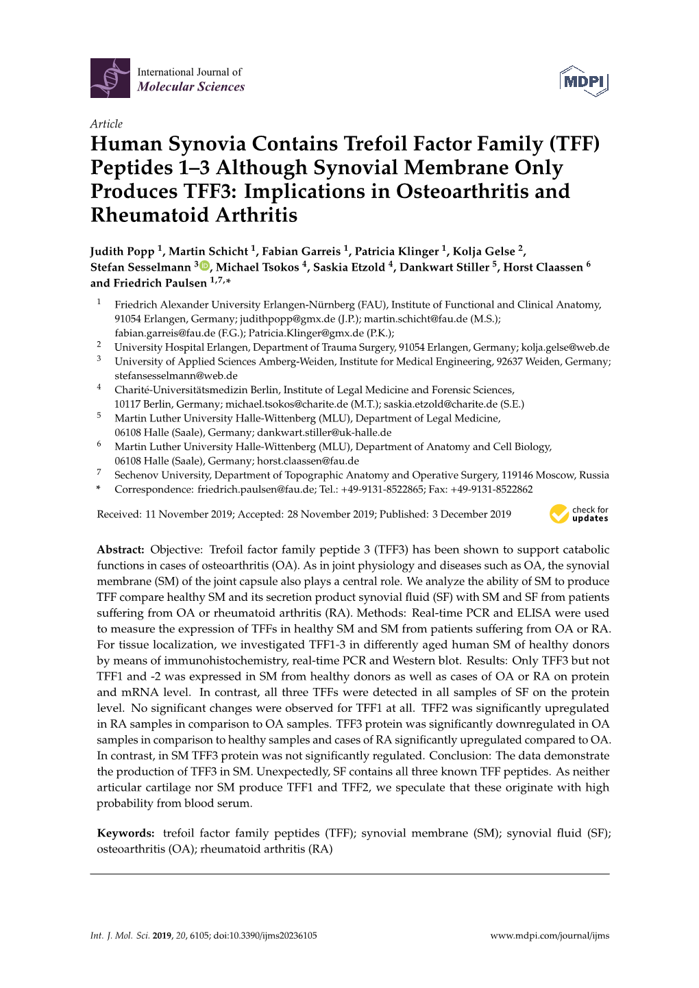 (TFF) Peptides 1–3 Although Synovial Membrane Only Produces TFF3: Implications in Osteoarthritis and Rheumatoid Arthritis