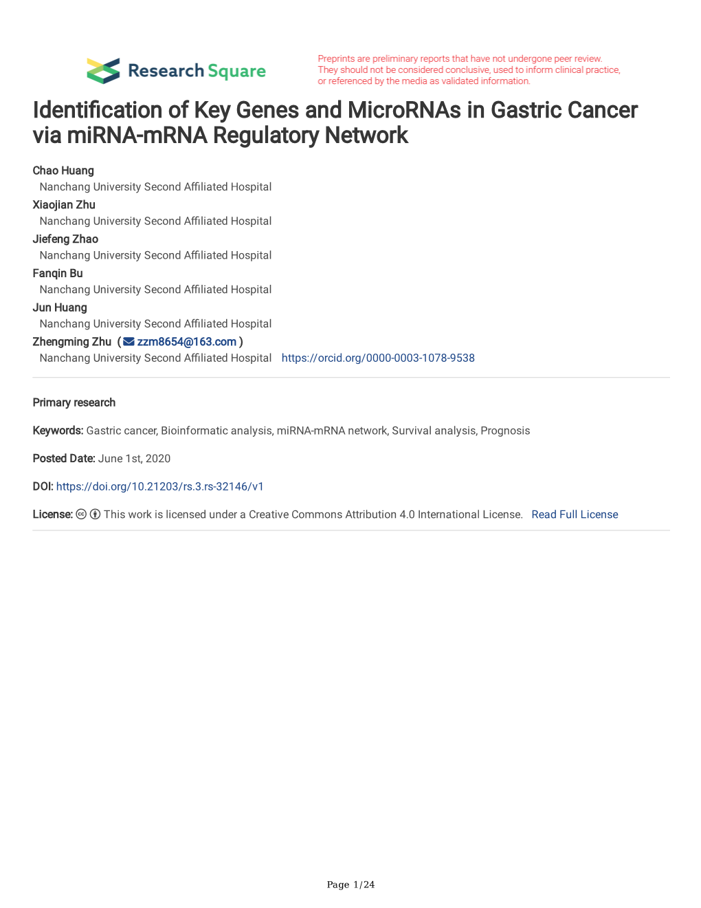 Identi Cation of Key Genes and Micrornas in Gastric Cancer Via