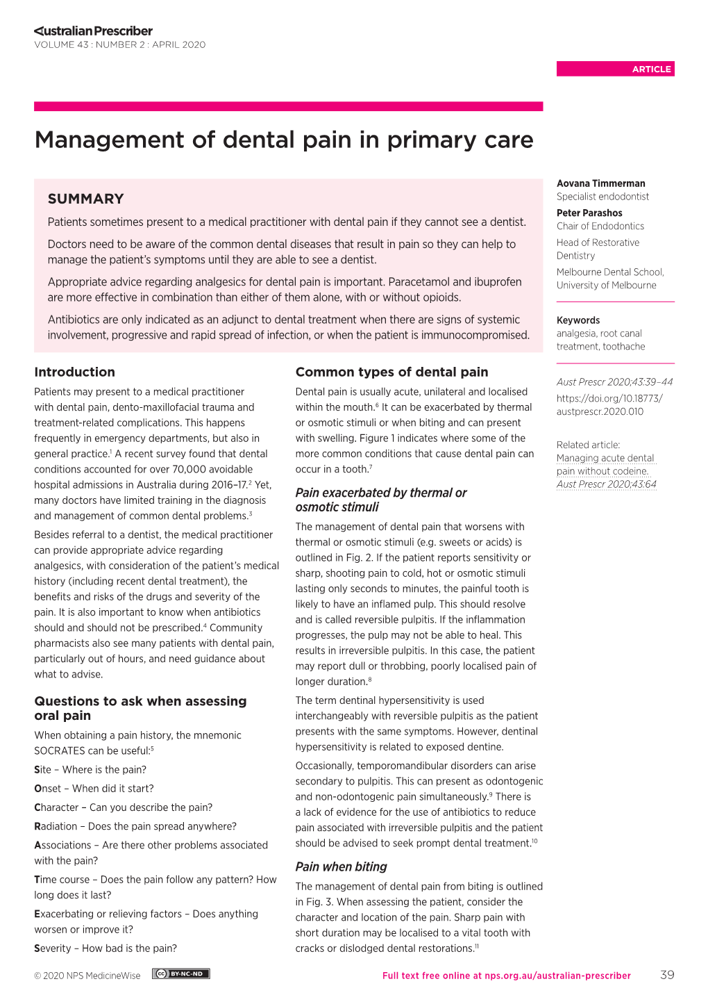 Management of Dental Pain in Primary Care