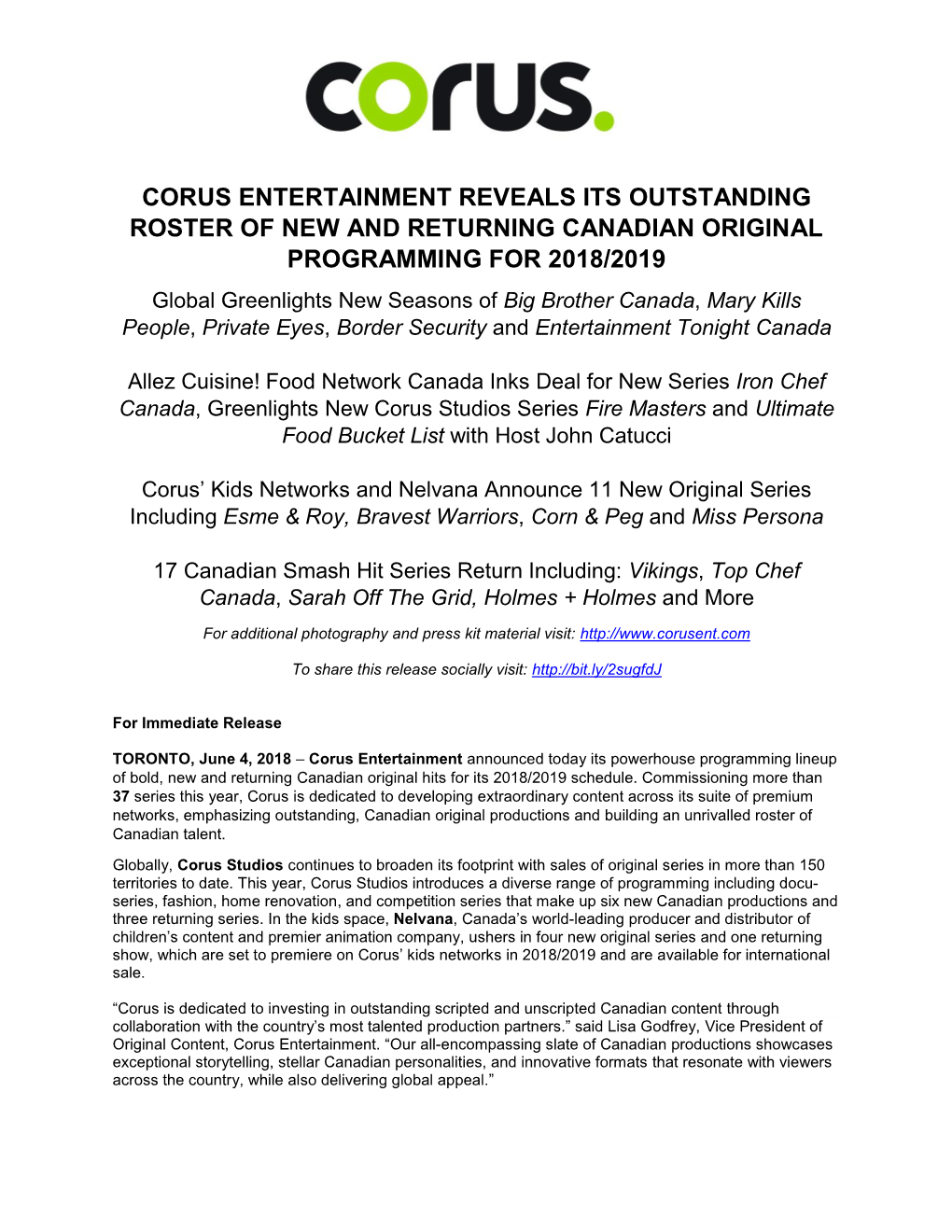 Corus Entertainment Reveals Its Outstanding Roster Of