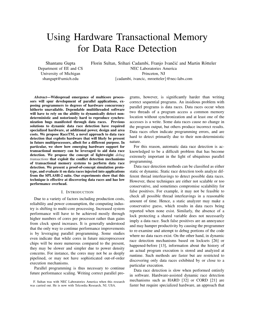 Using Hardware Transactional Memory for Data Race Detection