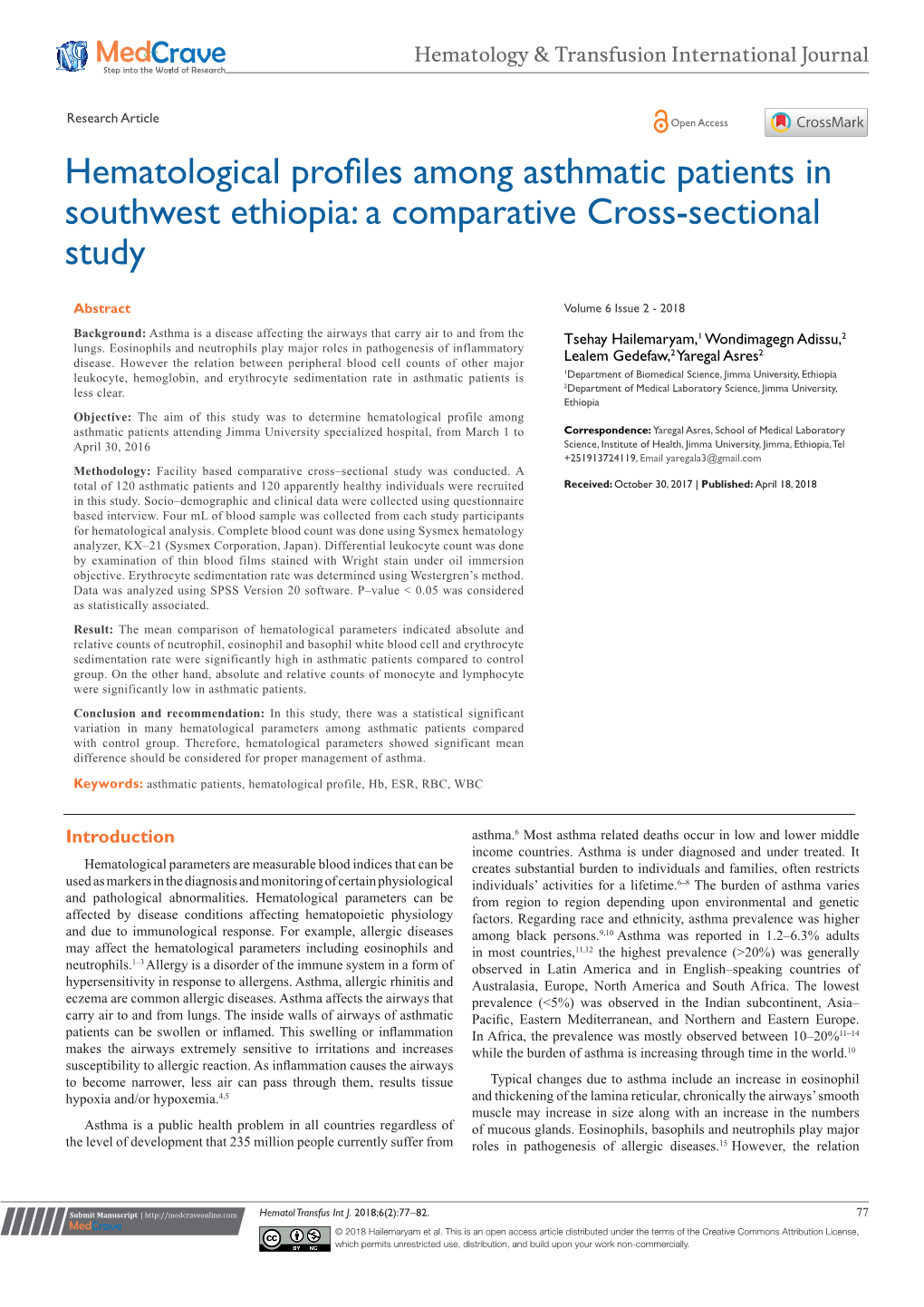 Hematological Profiles Among Asthmatic Patients in Southwest Ethiopia: a Comparative Cross-Sectional Study