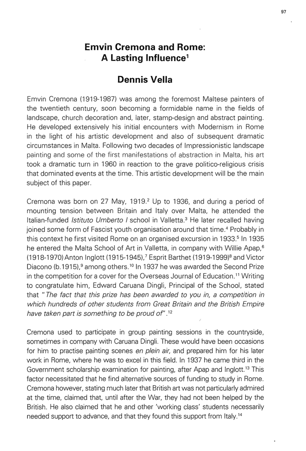 Emvin Cremona and Rome: a Lasting Influence' Dennis Vella
