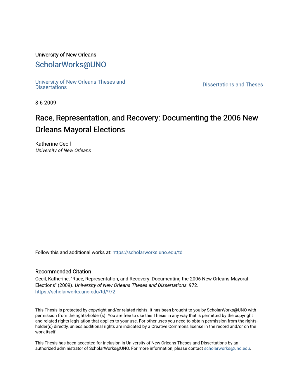 Documenting the 2006 New Orleans Mayoral Elections