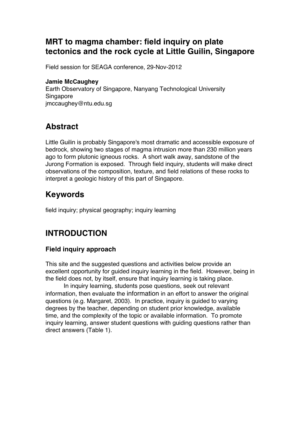 Field Inquiry on Plate Tectonics and the Rock Cycle at Little Guilin, Singapore Abstract Keywords INTRODUC