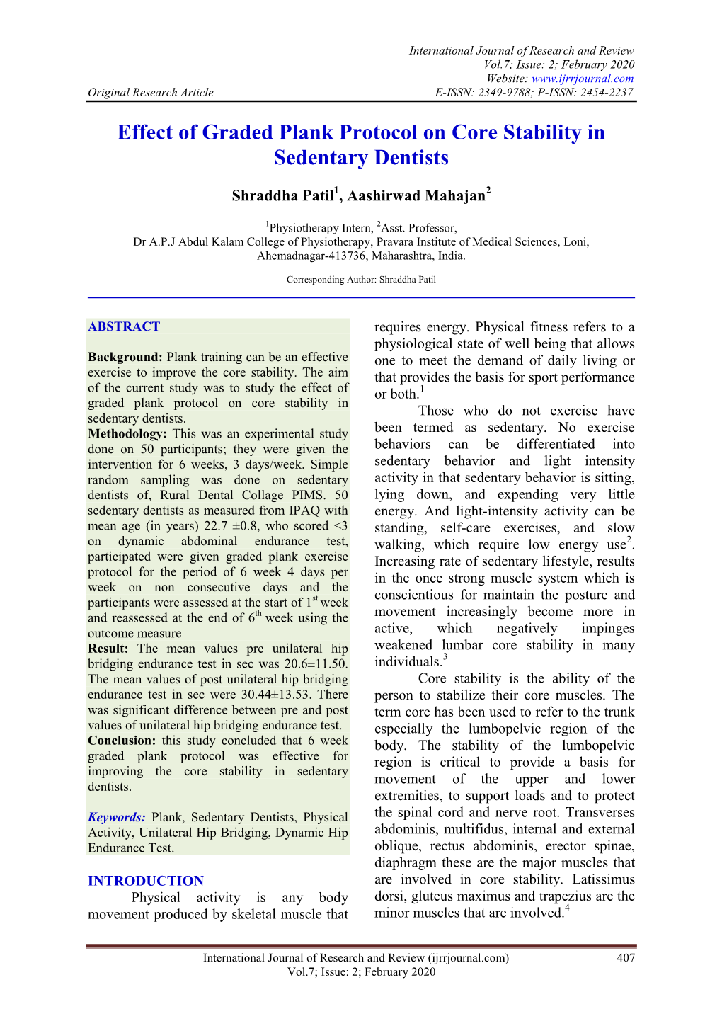 Effect of Graded Plank Protocol on Core Stability in Sedentary Dentists