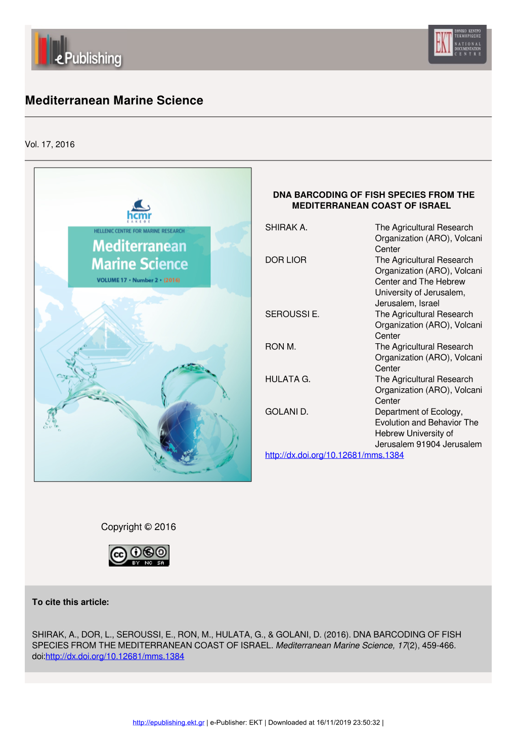 Dna Barcoding of Fish Species from the Mediterranean Coast of Israel