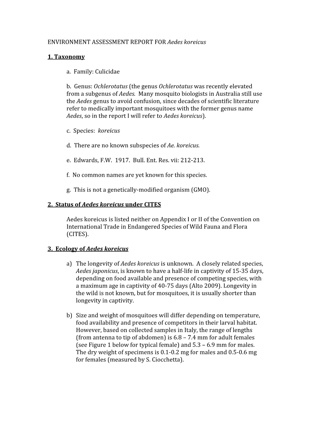 Draft Environment Assessment Report for Aedes Koreicus