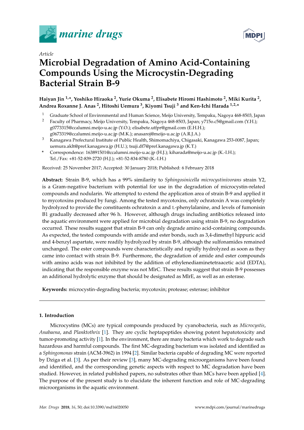 Microbial Degradation of Amino Acid-Containing Compounds Using the Microcystin-Degrading Bacterial Strain B-9