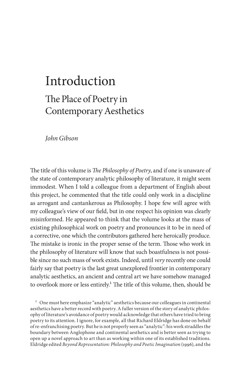 Introduction Te Place of Poetry in Contemporary Aesthetics