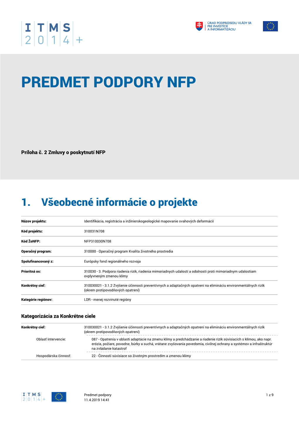 Predmet Podpory Nfp