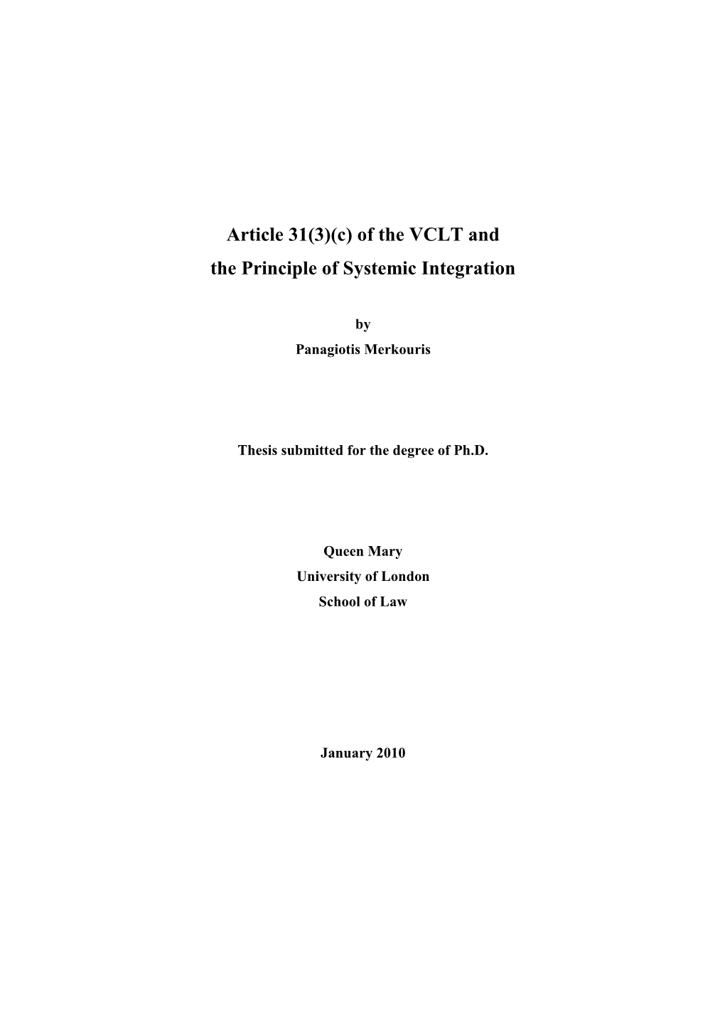 Article 31(3)(C) of the VCLT and the Principle of Systemic Integration