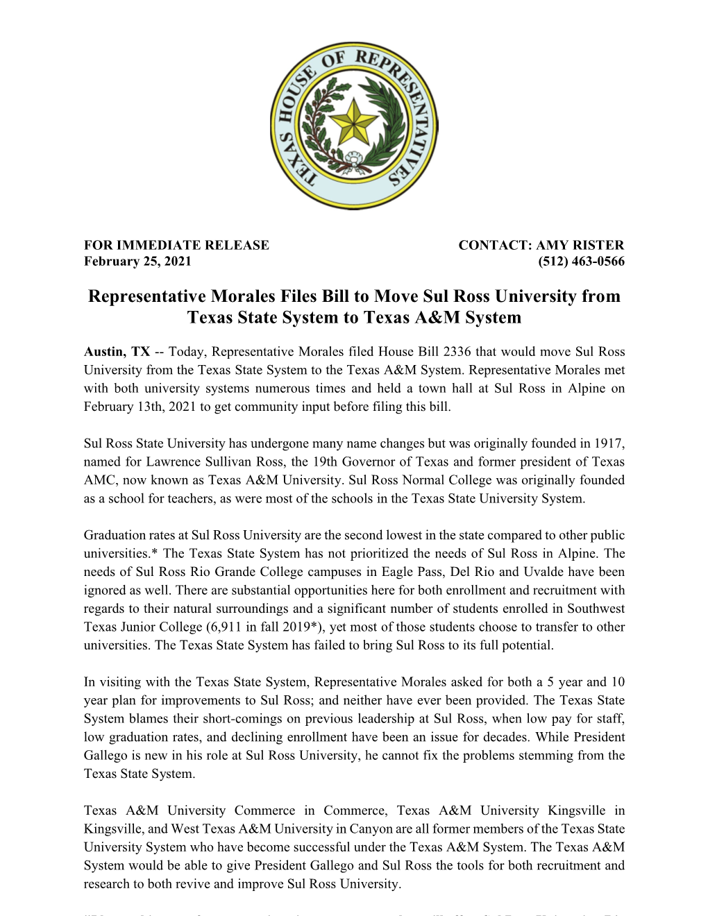 Representative Morales Files Bill to Move Sul Ross University from Texas State System to Texas A&M System