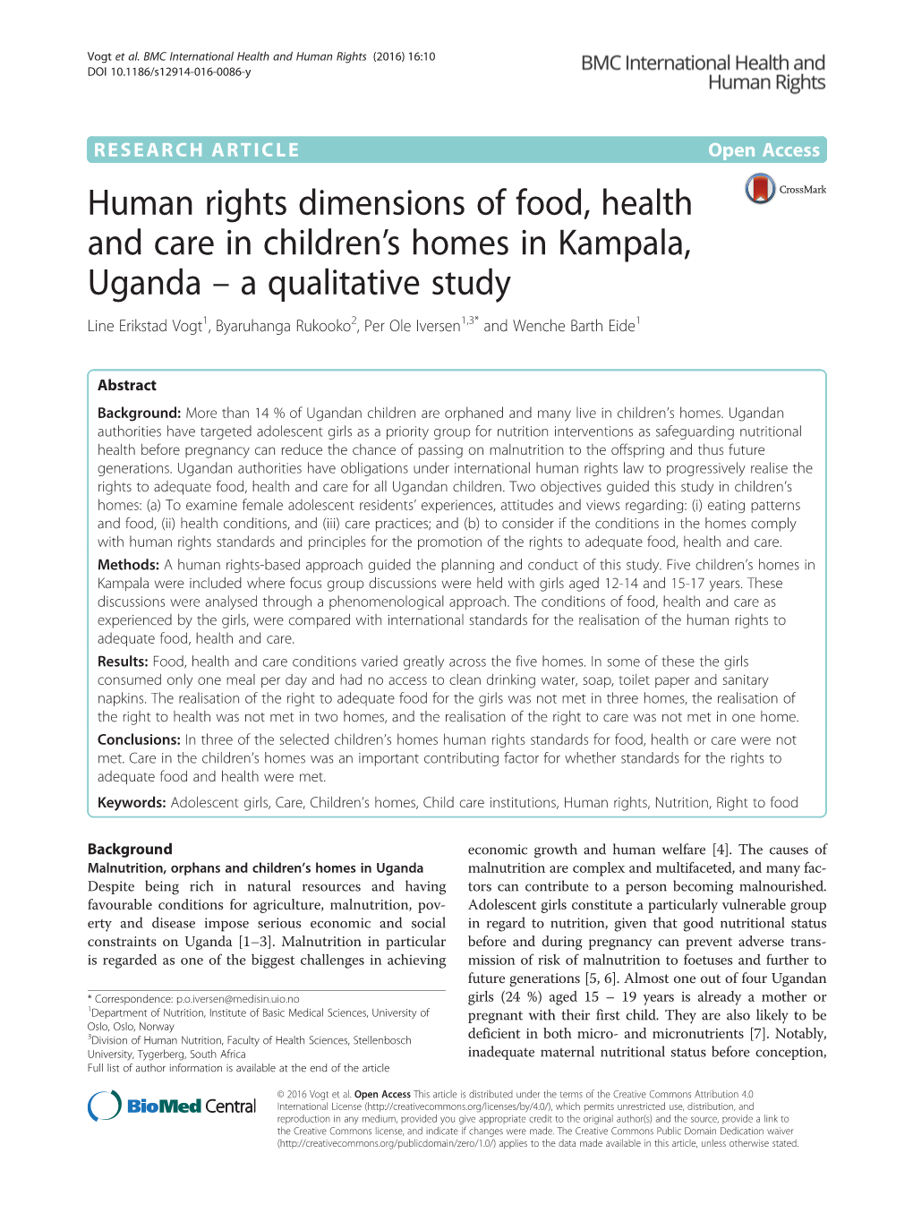 Human Rights Dimensions of Food, Health and Care in Children's Homes