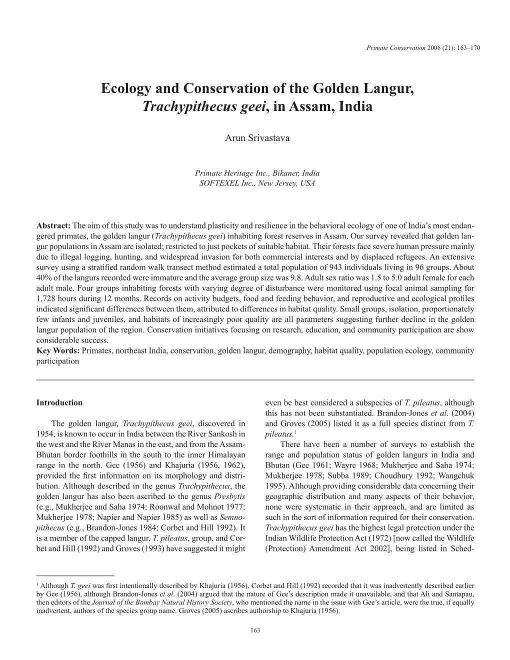 Ecology and Conservation of the Golden Langur, Trachypithecus Geei, in Assam, India