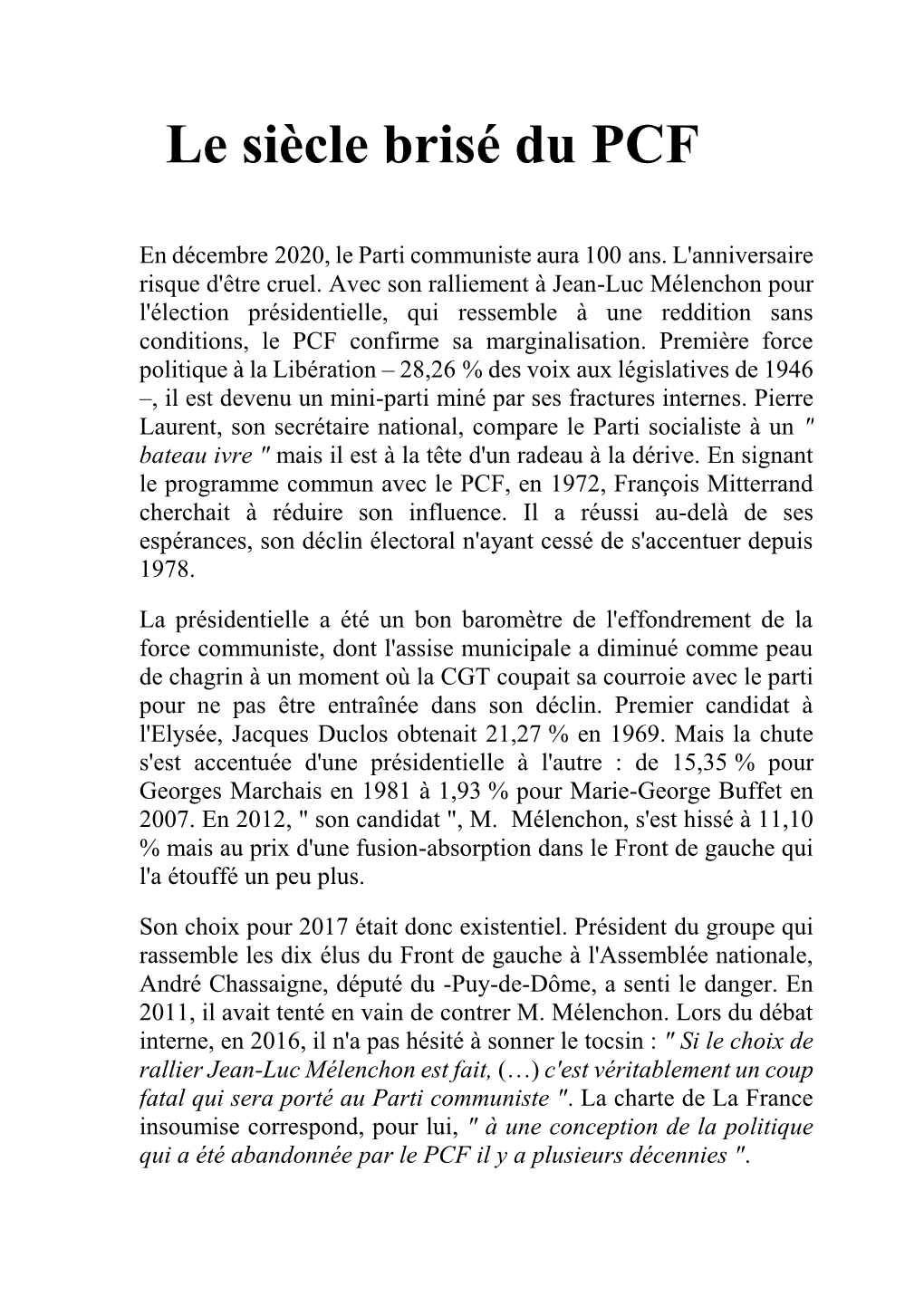 Le Siècle Brisé Du PCF