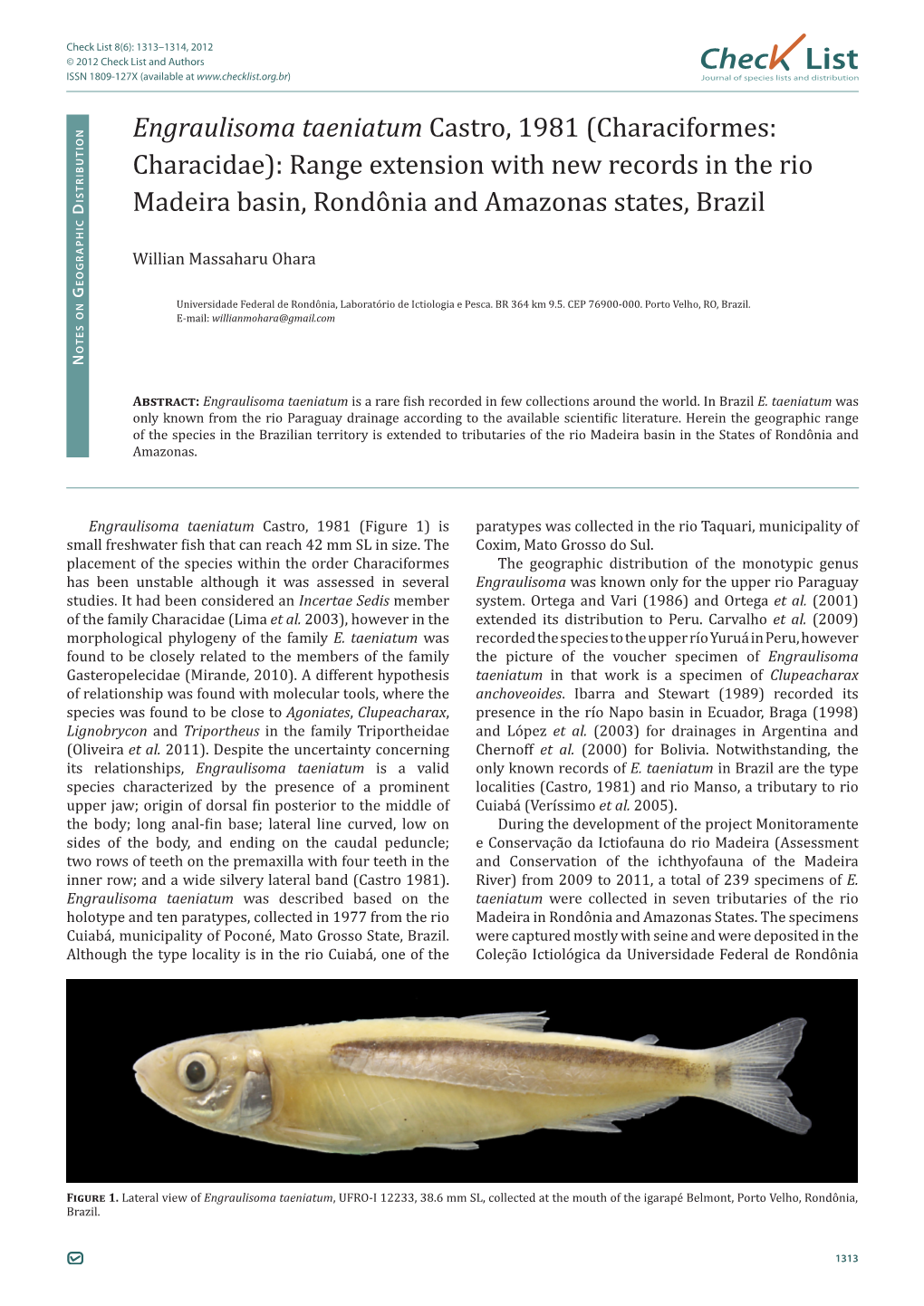 Characidae): Range Extension with New Records in the Rio Madeira