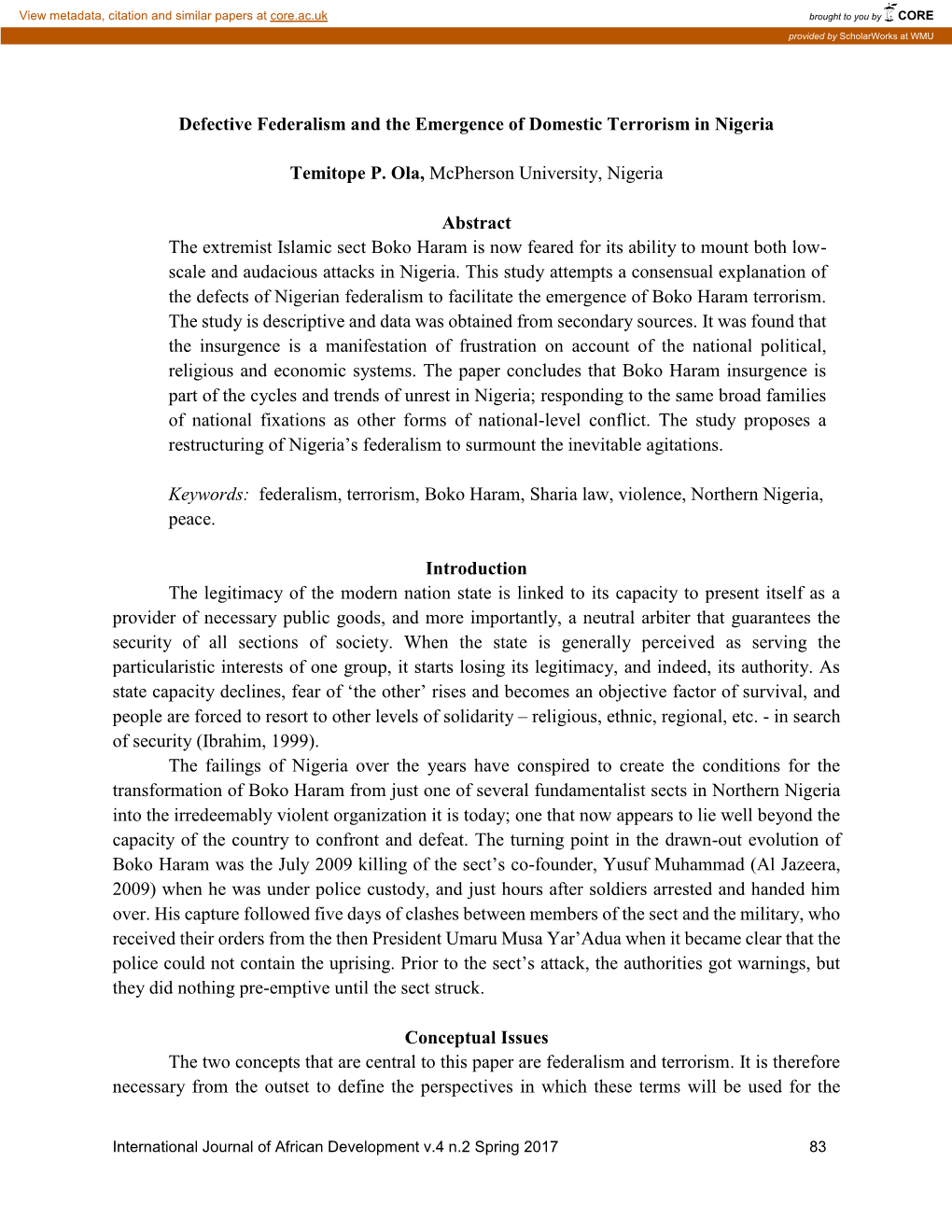 Defective Federalism and the Emergence of Domestic Terrorism in Nigeria