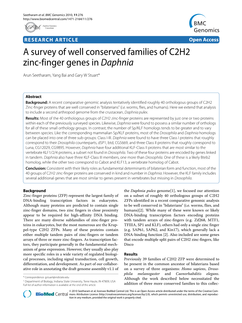 A Survey of Well Conserved Families of C2H2 Zinc-Finger Genes in Daphnia