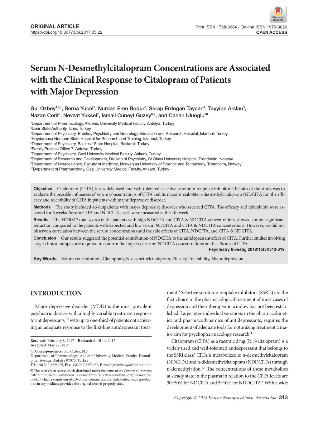 Serum N-Desmethylcitalopram Concentrations Are Associated with the Clinical Response to Citalopram of Patients with Major Depression