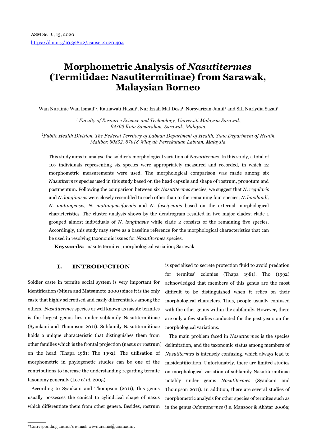 Morphometric Analysis of Nasutitermes (Termitidae: Nasutitermitinae) from Sarawak, Malaysian Borneo