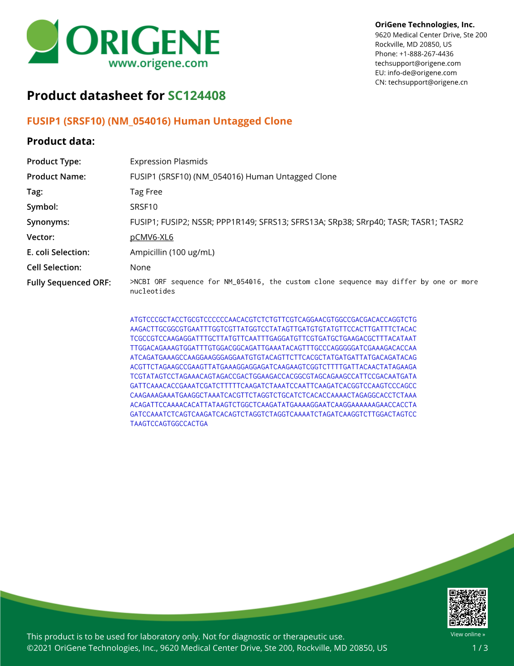 FUSIP1 (SRSF10) (NM 054016) Human Untagged Clone Product Data