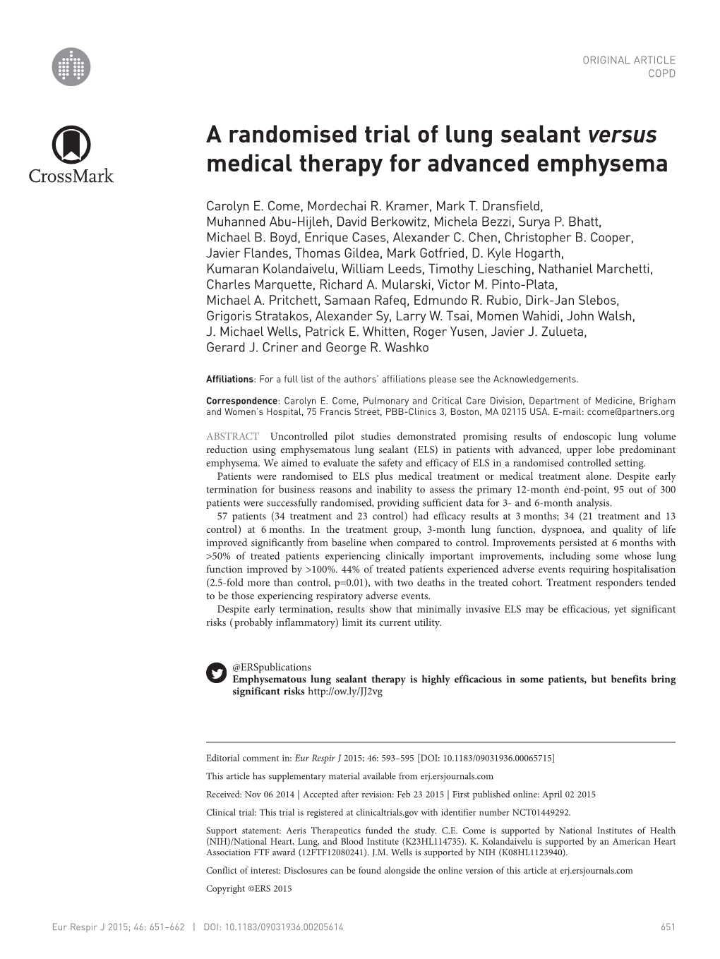 A Randomised Trial of Lung Sealant Versus Medical Therapy for Advanced Emphysema