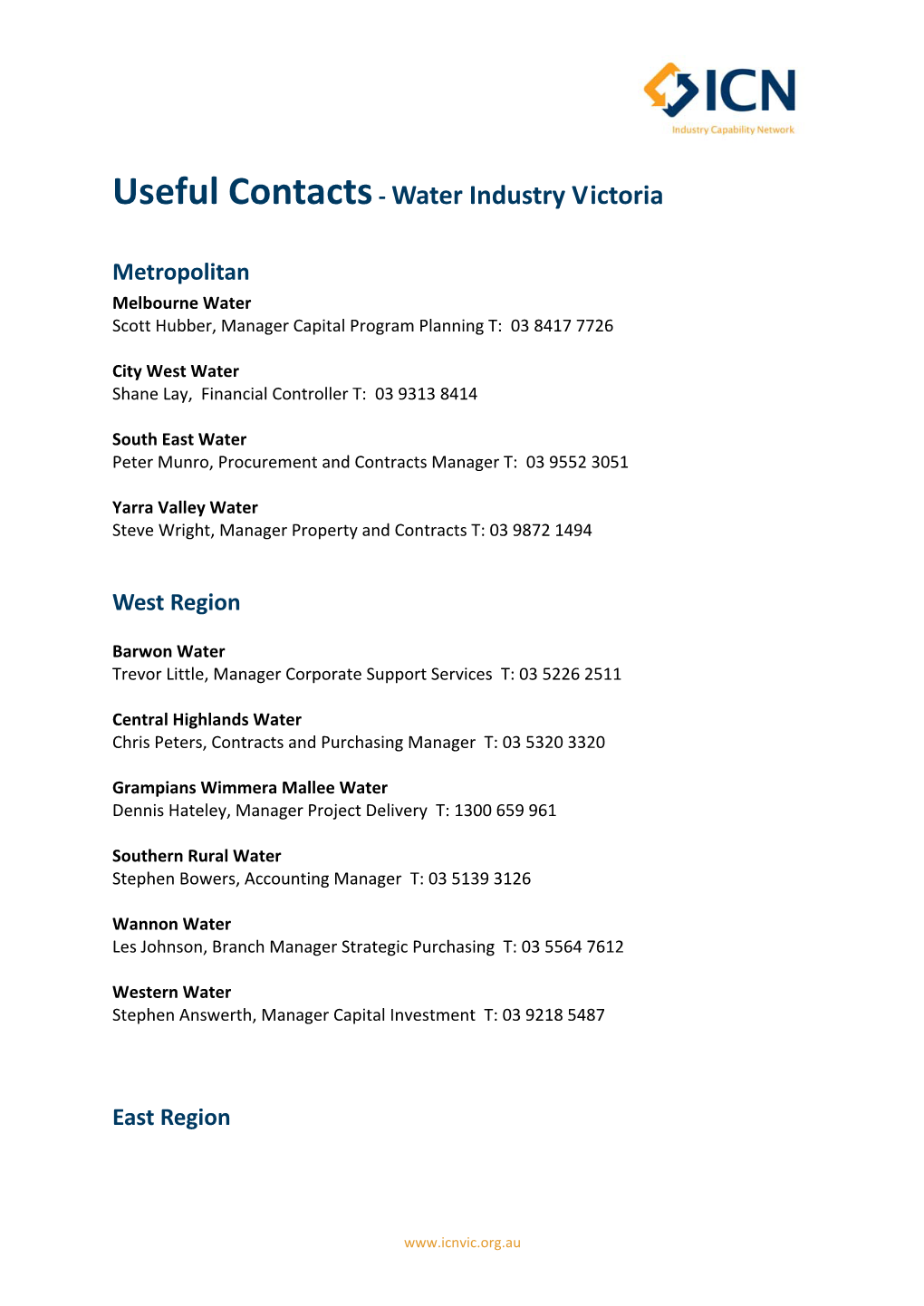 Useful Contacts- Water Industry Victoria