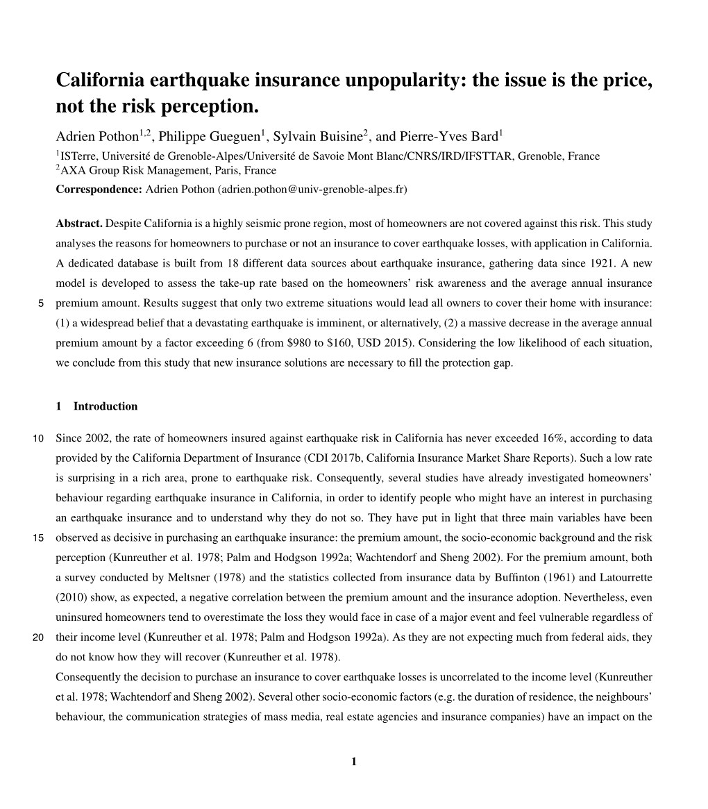 California Earthquake Insurance Unpopularity: the Issue Is the Price, Not the Risk Perception