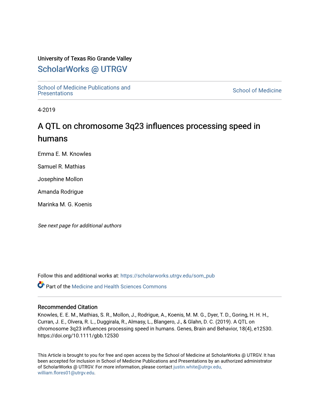 A QTL on Chromosome 3Q23 Influences Processing Speed in Humans