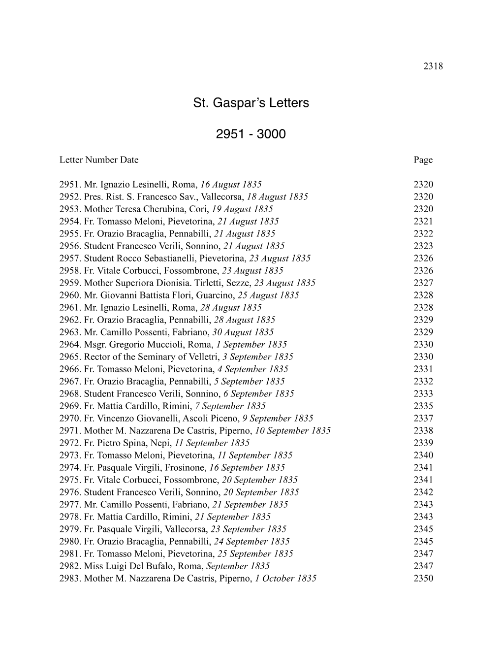 St. Gaspar's Letters 2951