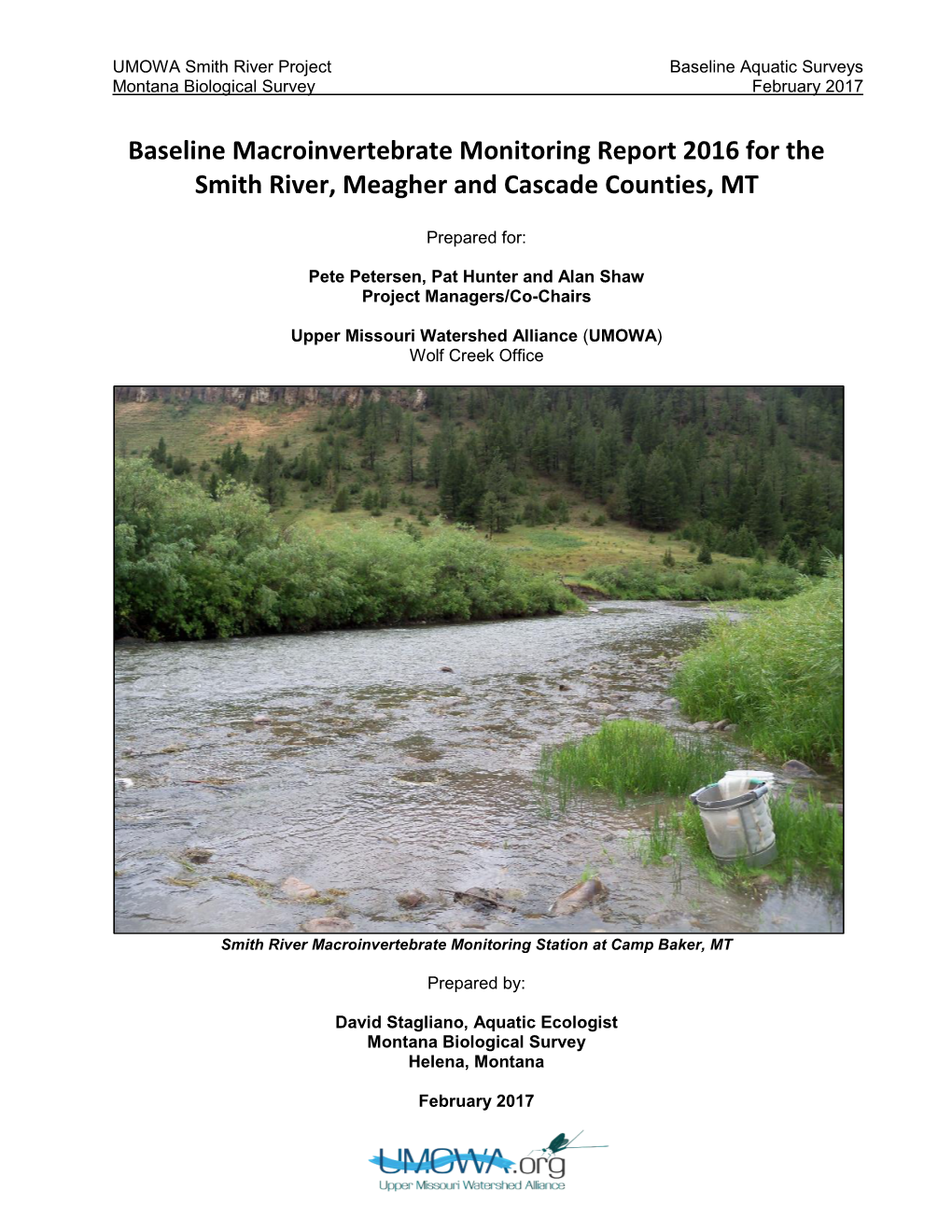 Baseline Macroinvertebrate Monitoring Report 2016 for the Smith River, Meagher and Cascade Counties, MT