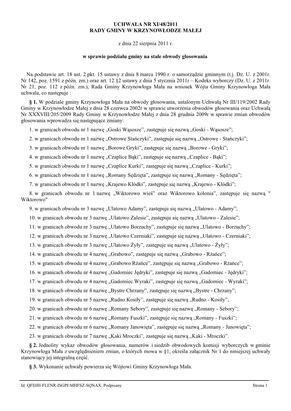 Uchwała Nr Xi/48/2011 Rady Gminy W Krzynowłodze Małej