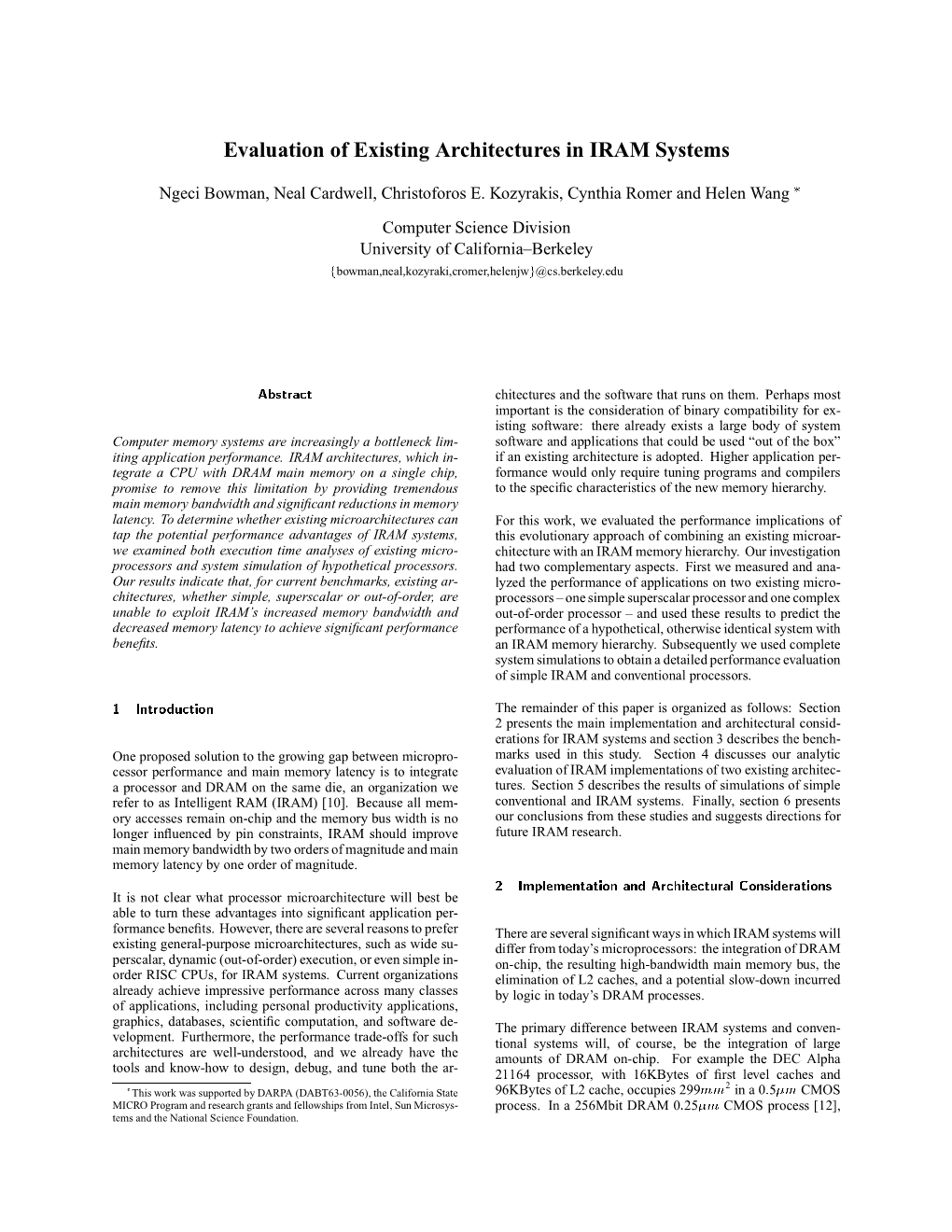Evaluation of Existing Architectures in IRAM Systems